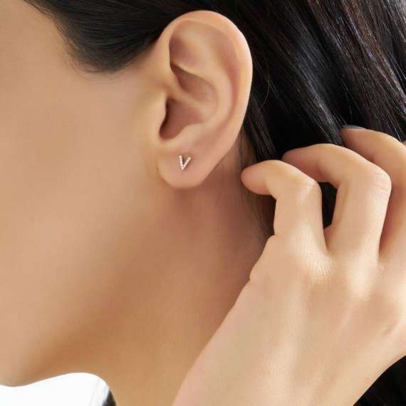 Diamond Rose Gold V Letter Mini Single Earring - 2