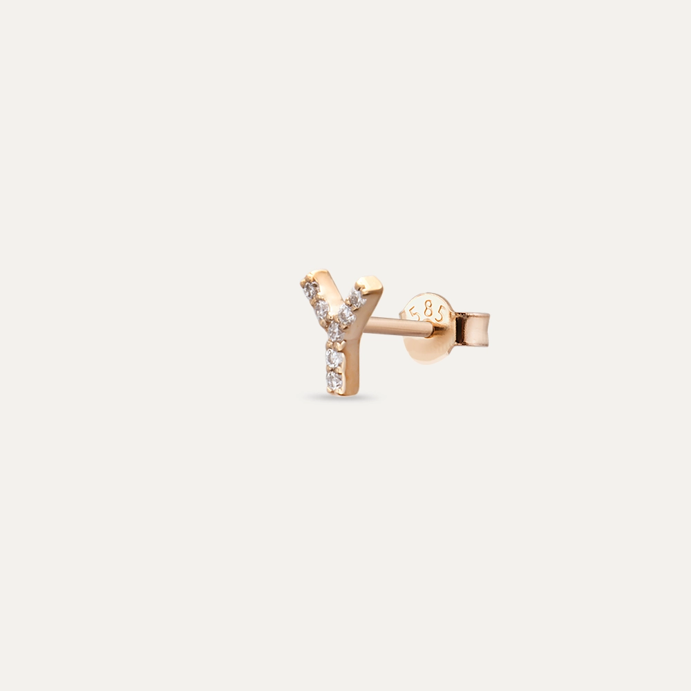 Diamond Rose Gold Y Letter Mini Single Earring - 3