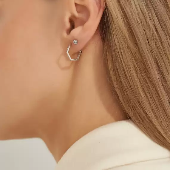 Diamond White Gold Hexagon Earring - 2