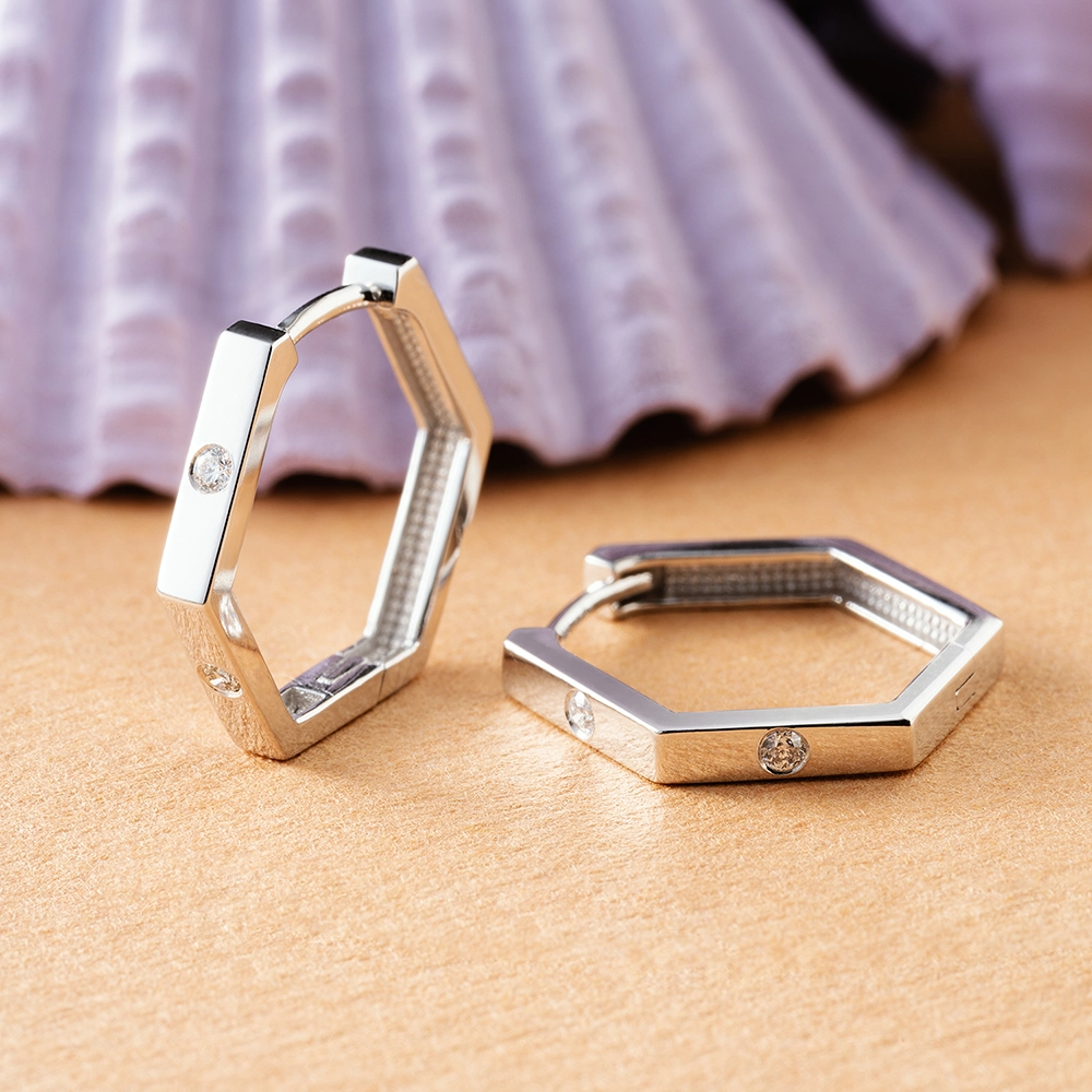 Diamond White Gold Hexagon Earring - 1