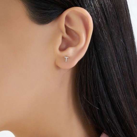 Diamond White Gold T Letter Mini Single Earring - 2