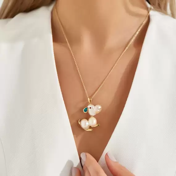 Dog Natural Pearl and Opal Yellow Gold Necklace - 1