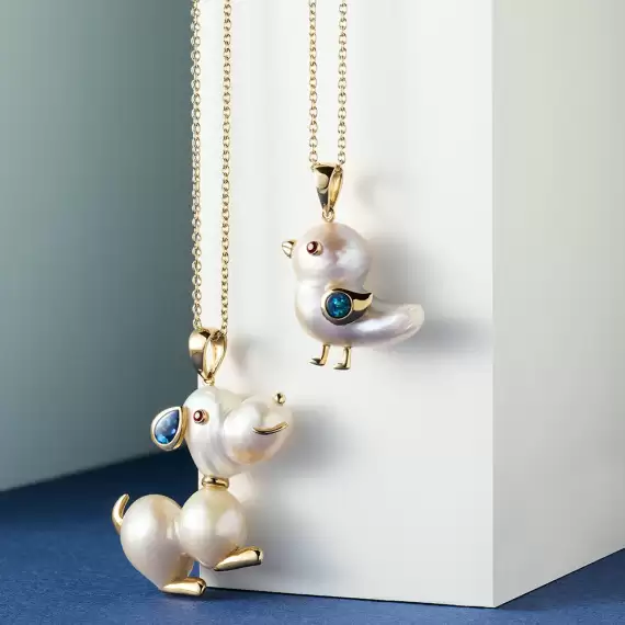Dog Natural Pearl and Opal Yellow Gold Necklace - 2