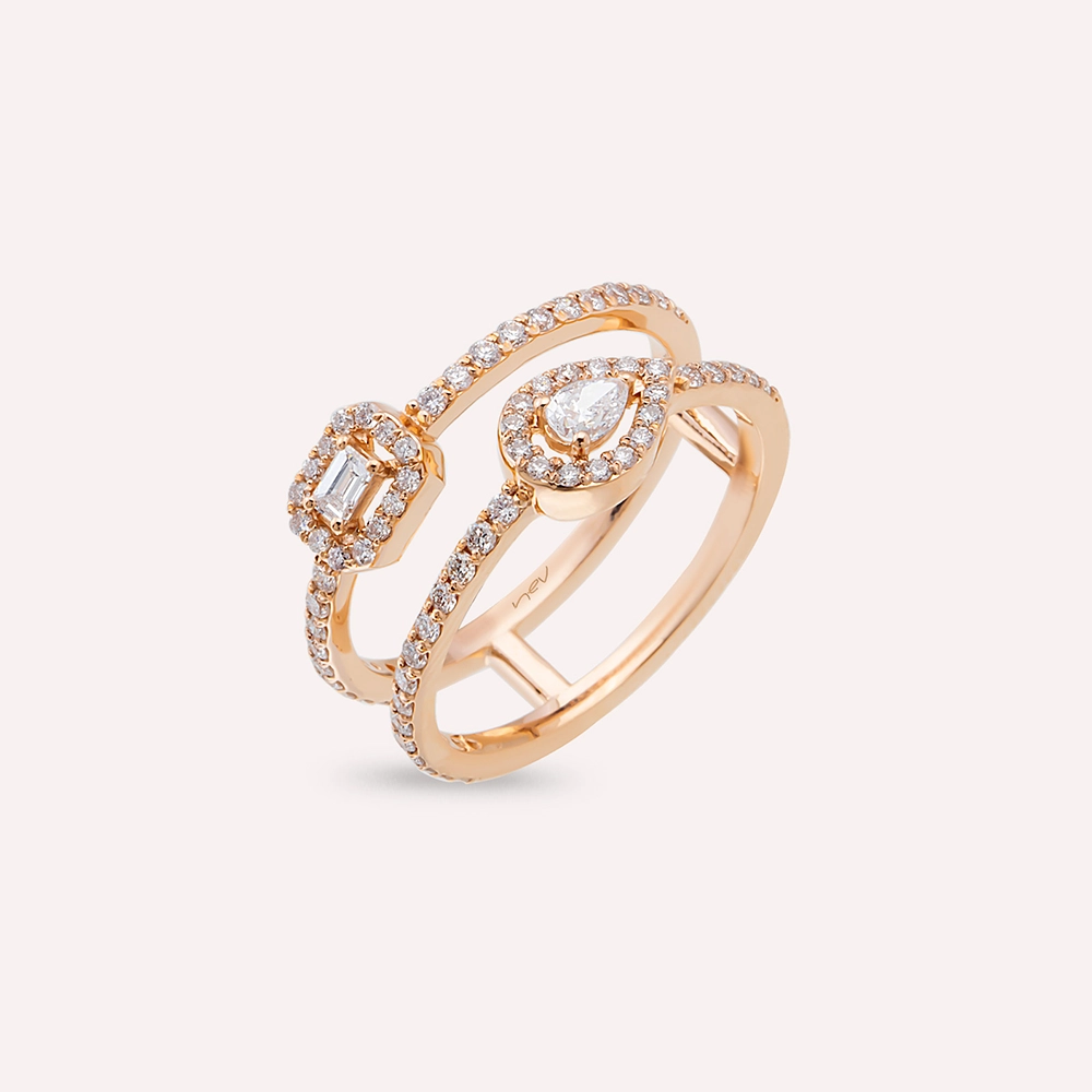 Dual 0.64 CT Baguette and Pear Cut Diamond Rose Gold Ring - 3