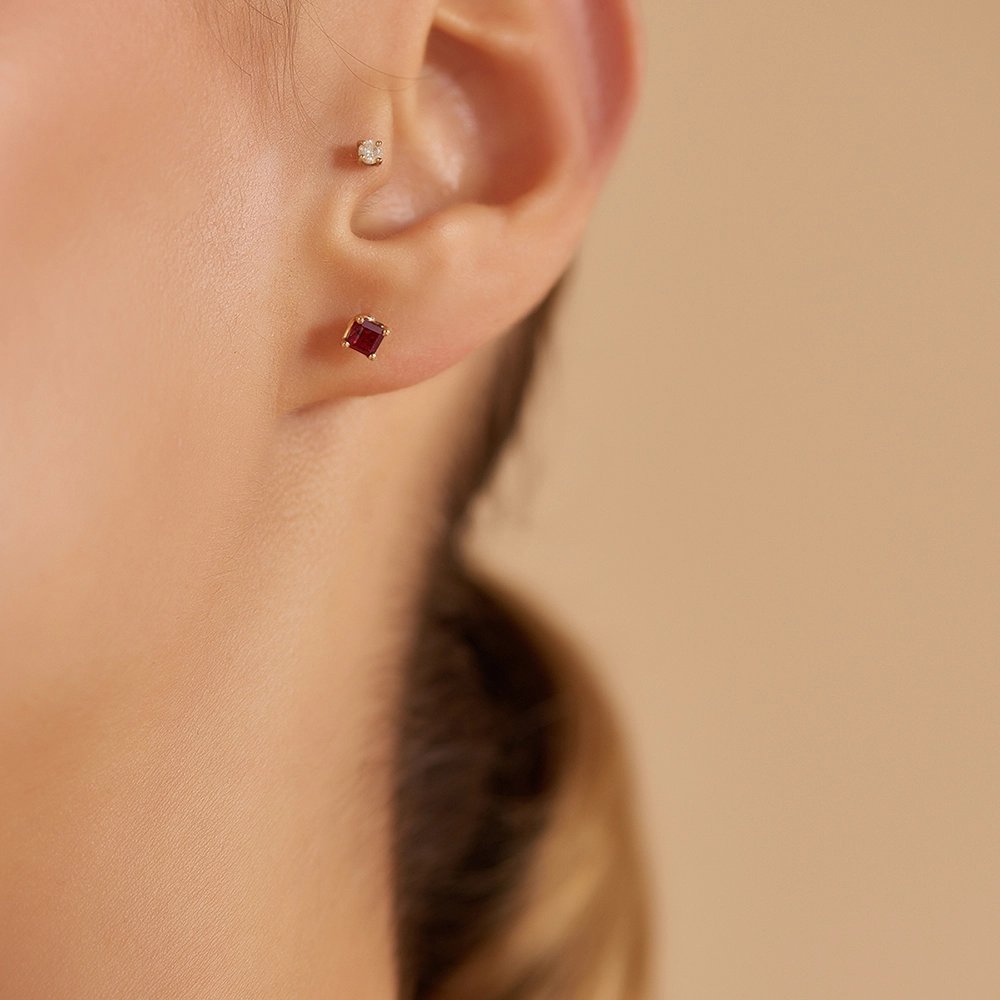 Duo 0.55 CT Caliber Cut Ruby Rose Gold Earring - 3