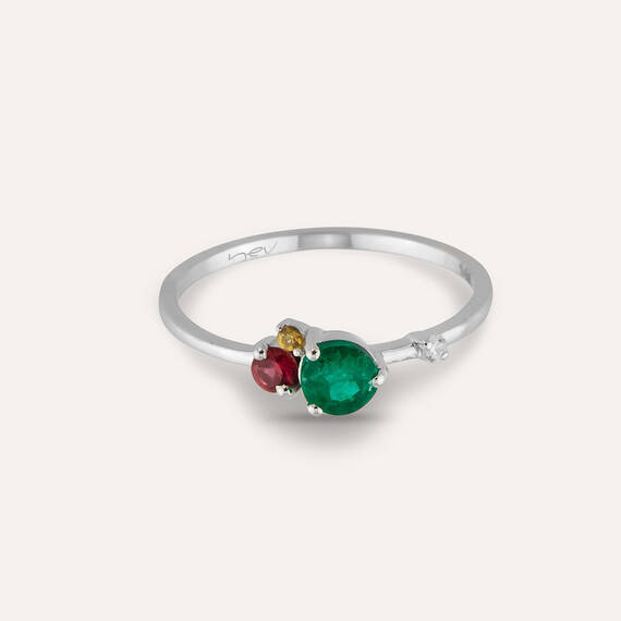 Emerald, Sapphire and Diamond White Gold Ring - 6