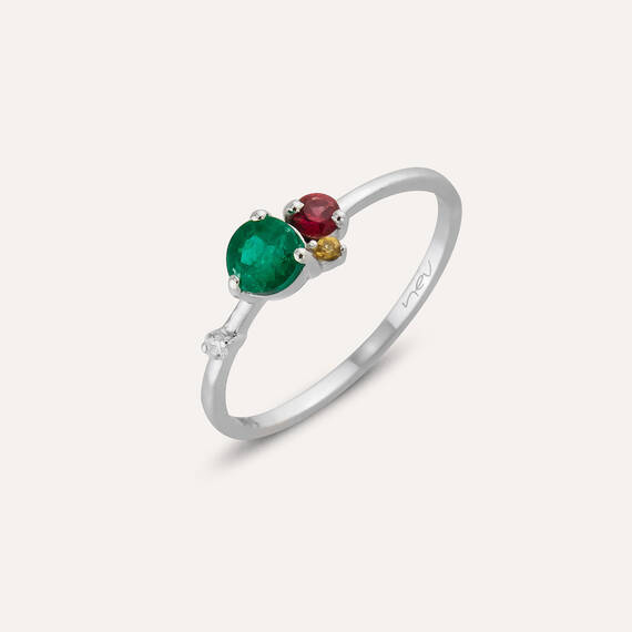 Emerald, Sapphire and Diamond White Gold Ring - 1
