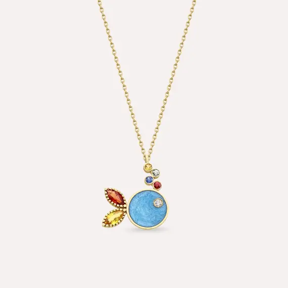Fish Multicolor Safir ve Pırlanta Taşlı Sarı Altın Mavi Mineli Balık Kolye - 1