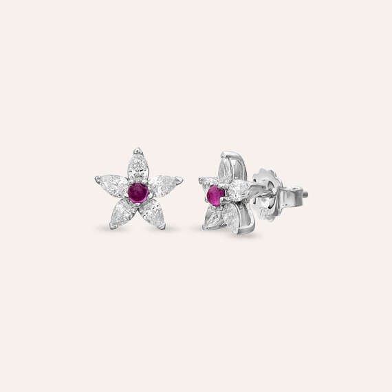 Flower 1.31 CT Pink Sapphire and Diamond White Gold Earring - 1