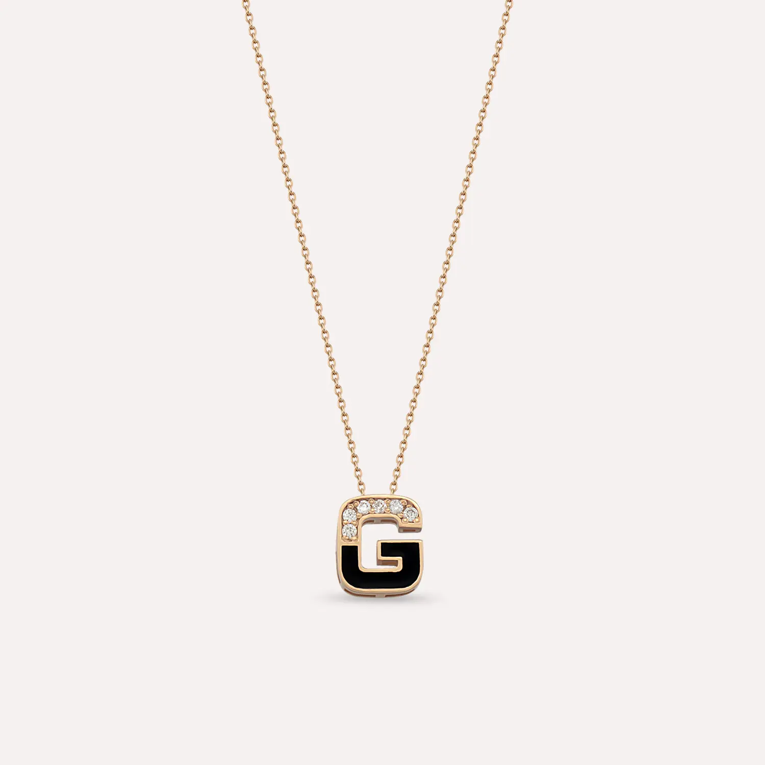 G Letter Diamond and Black Enamel Rose Gold Necklace - 1