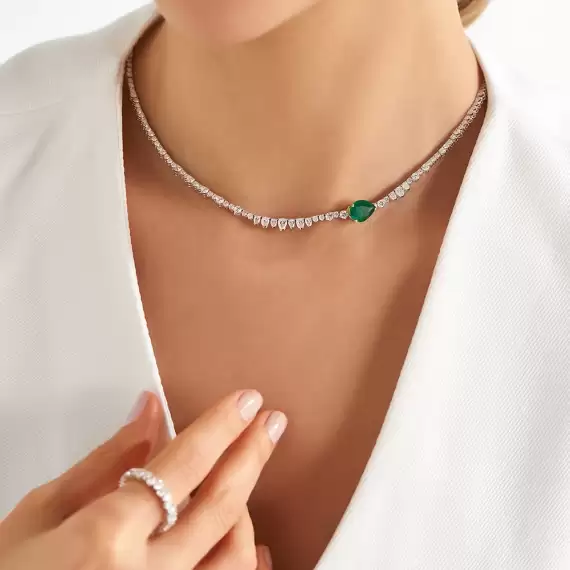 Glint 9.09 CT Emerald and Diamond White Gold Necklace - 2