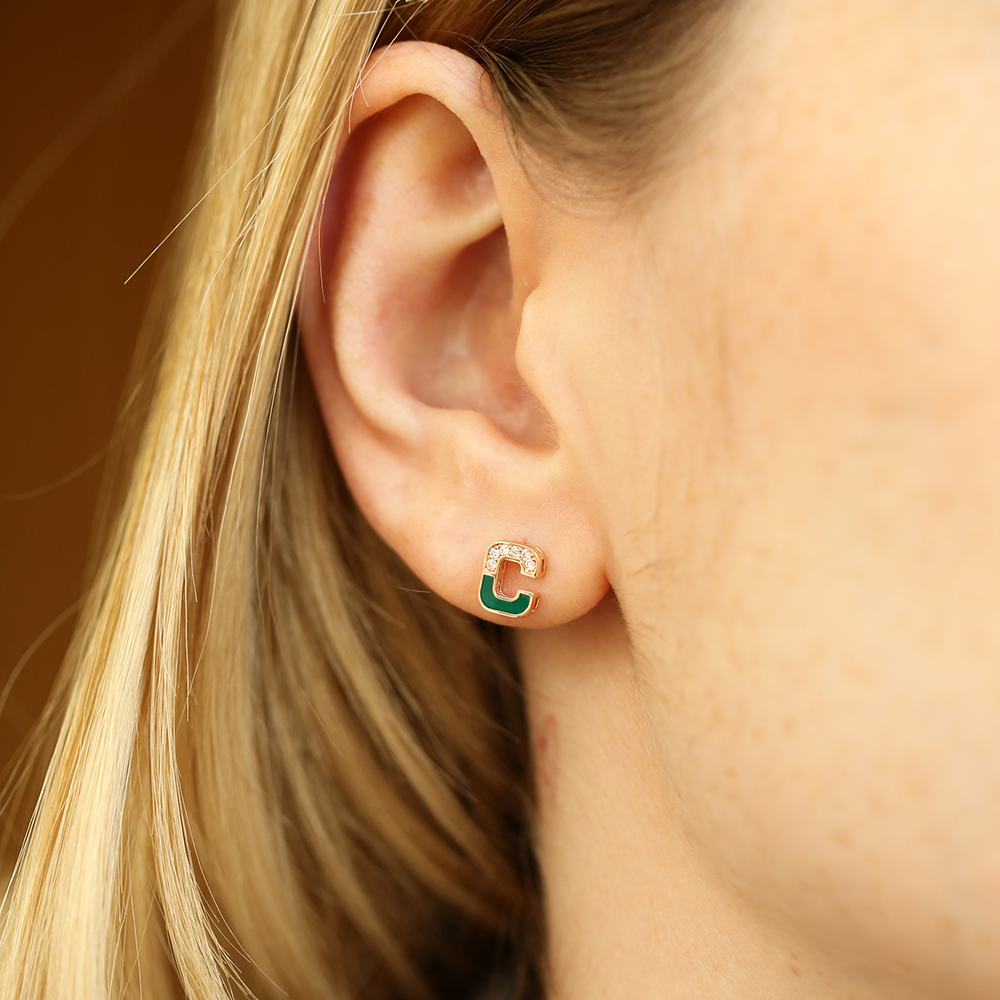 Green Enamel and Diamond C Letter Single Earring - 2