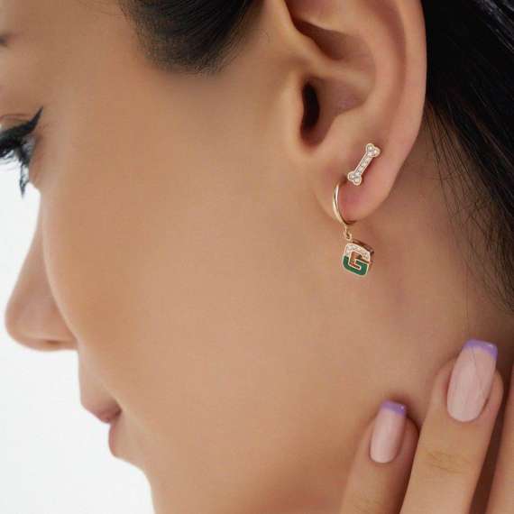 Green Enamel and Diamond G Letter Single Dangling Earring - 2