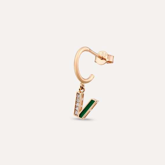 Green Enamel and Diamond V Letter Single Dangling Earring - 1