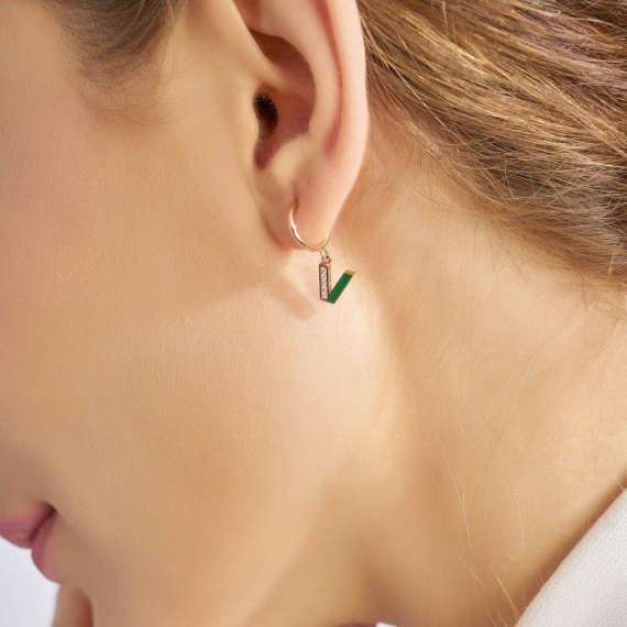 Green Enamel and Diamond V Letter Single Dangling Earring - 2
