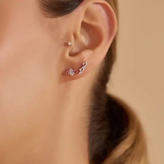 Honeycomb Diamond White Gold Single Earring - 2