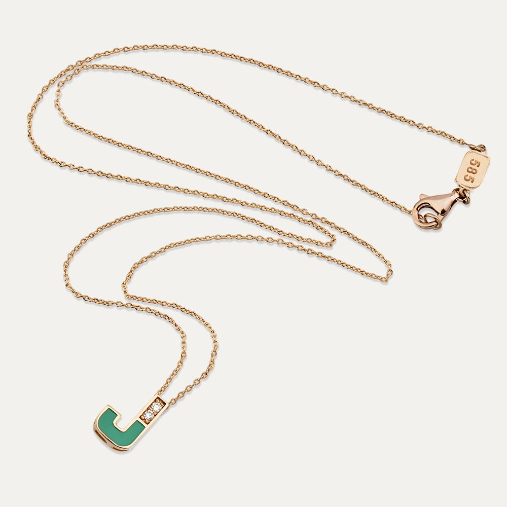 J Letter Diamond and Green Enamel Rose Gold Pendant - 3