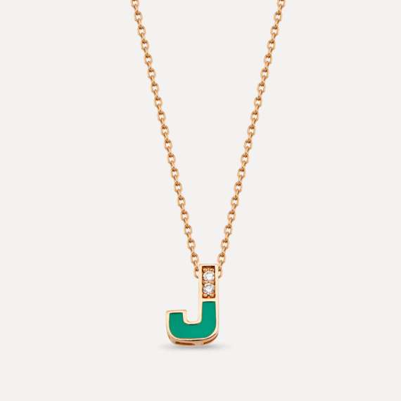 J Letter Diamond and Green Enamel Rose Gold Pendant - 1