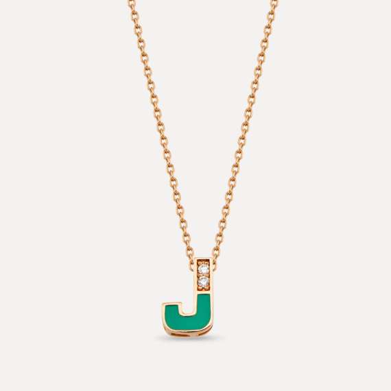 J Letter Diamond and Green Enamel Rose Gold Pendant - 2