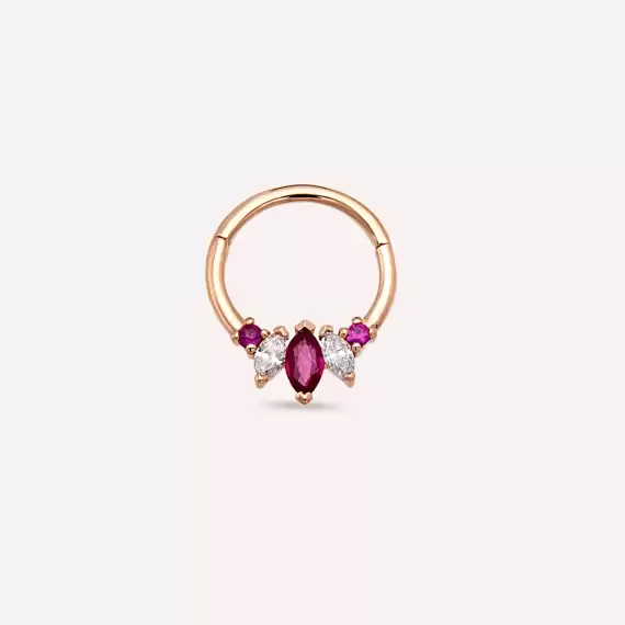 Karla Markiz Kesim Yakut ve Pırlanta Taşlı Rose Altın Halka Piercing - 1