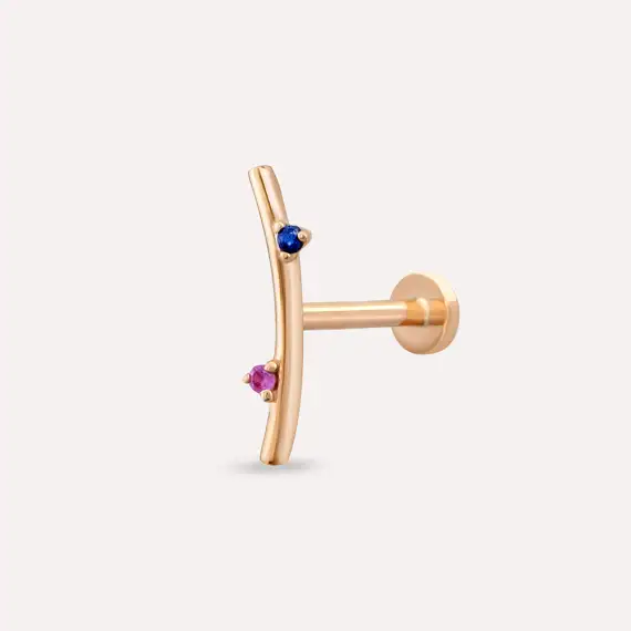 Koza Pink ve Blue Safir Taşlı Rose Altın Piercing - 1