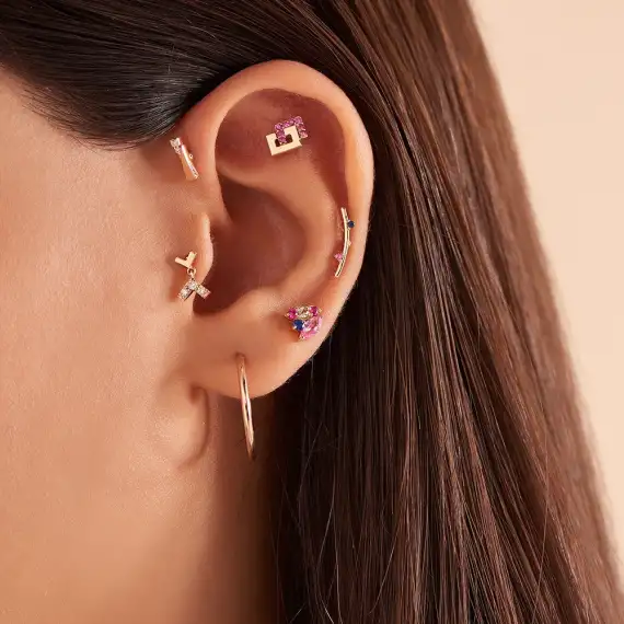 Koza Pink ve Blue Safir Taşlı Rose Altın Piercing - 3