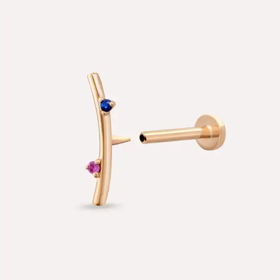 Koza Pink ve Blue Safir Taşlı Rose Altın Piercing - 5