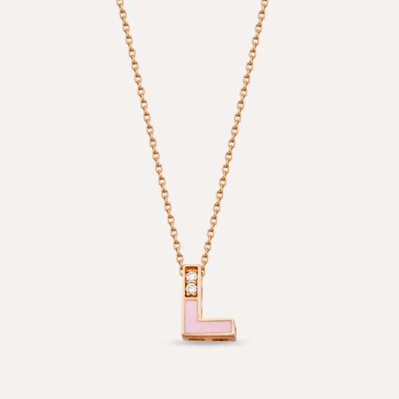L Letter Diamond and Pink Enamel Rose Gold Pendant - 1