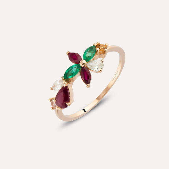 Lilia Diamond, Ruby and Emerald Rose Gold Ring - 1