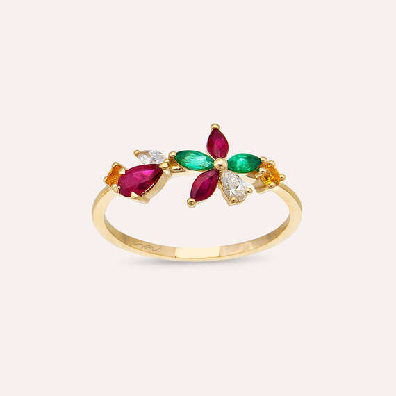 Lilia Diamond, Ruby and Emerald Yellow Gold Ring - 1