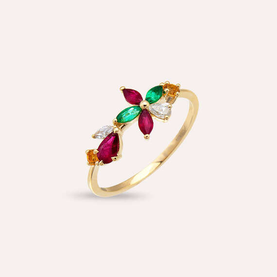 Lilia Diamond, Ruby and Emerald Yellow Gold Ring - 2