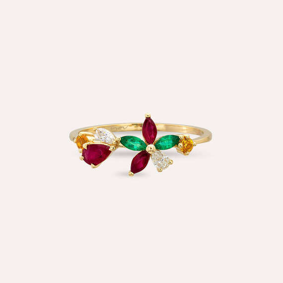Lilia Diamond, Ruby and Emerald Yellow Gold Ring - 3