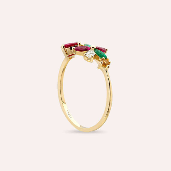 Lilia Diamond, Ruby and Emerald Yellow Gold Ring - 4