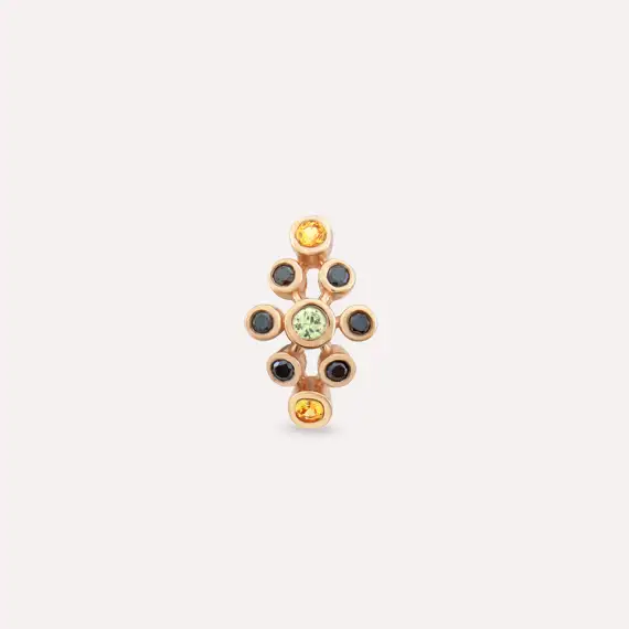 Lindi Siyah Pırlanta ve Multicolor Safir Taşlı Rose Altın Tek Küpe - 3