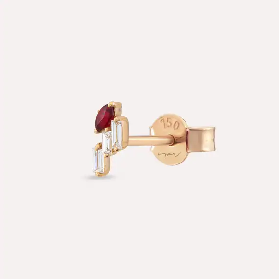 Loe Red Sapphire and Baguette Cut Diamond Rose Gold Single Earring - 1