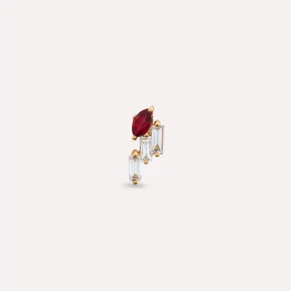 Loe Red Sapphire and Baguette Cut Diamond Rose Gold Single Earring - 3
