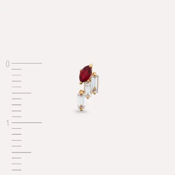 Loe Red Sapphire and Baguette Cut Diamond Rose Gold Single Earring - 4