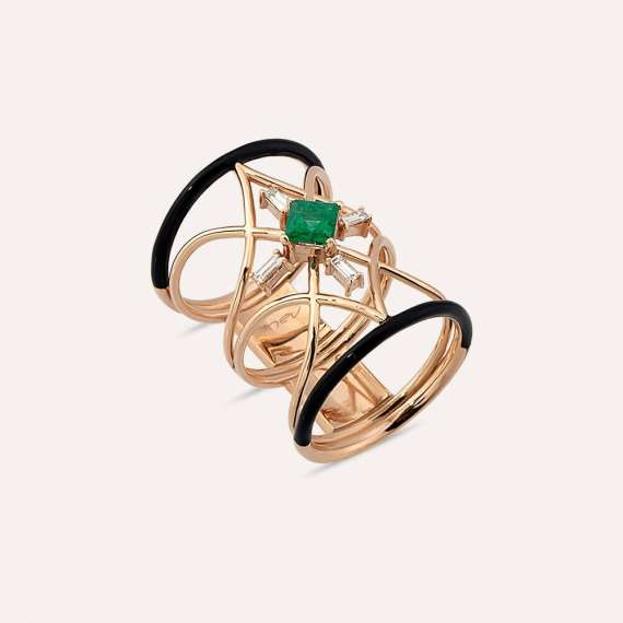 Loststar 0.67 CT Emerald and Baguette Cut Diamond Black Enamel Ring - 3