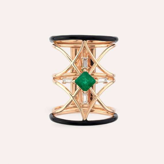 Loststar 0.67 CT Emerald and Baguette Cut Diamond Black Enamel Ring - 4