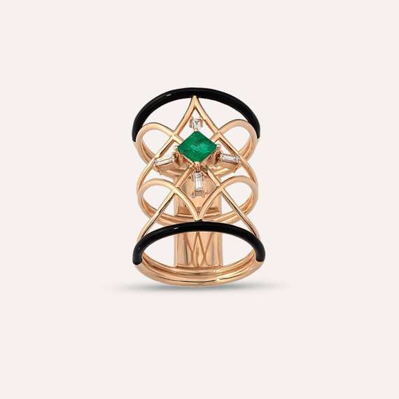 Loststar 0.67 CT Emerald and Baguette Cut Diamond Black Enamel Ring - 1