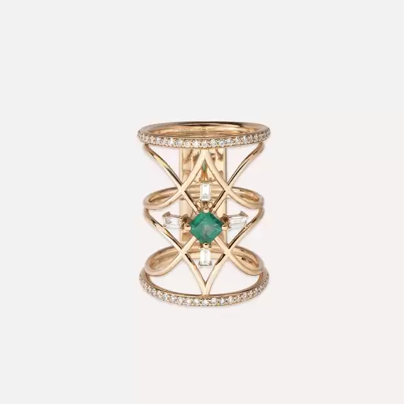 Loststar Emerald and Baguette Cut Diamond Rose Gold Ring - 4