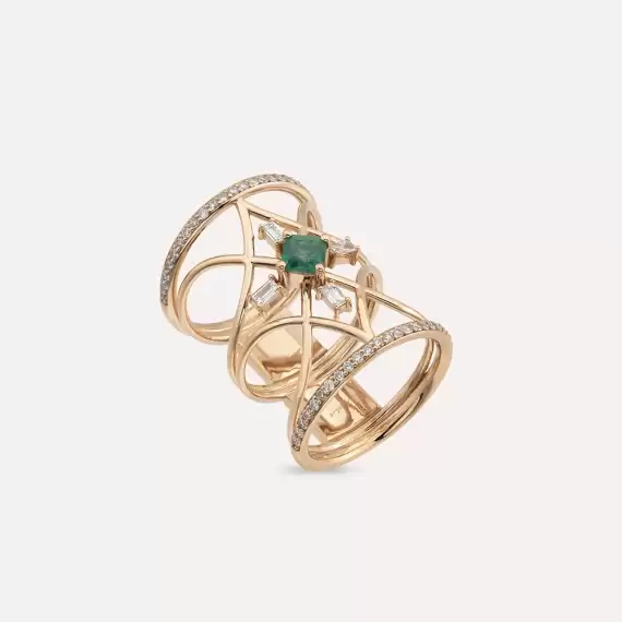 Loststar Emerald and Baguette Cut Diamond Rose Gold Ring - 3