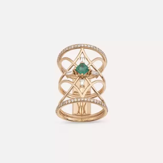 Loststar Emerald and Baguette Cut Diamond Rose Gold Ring - 2