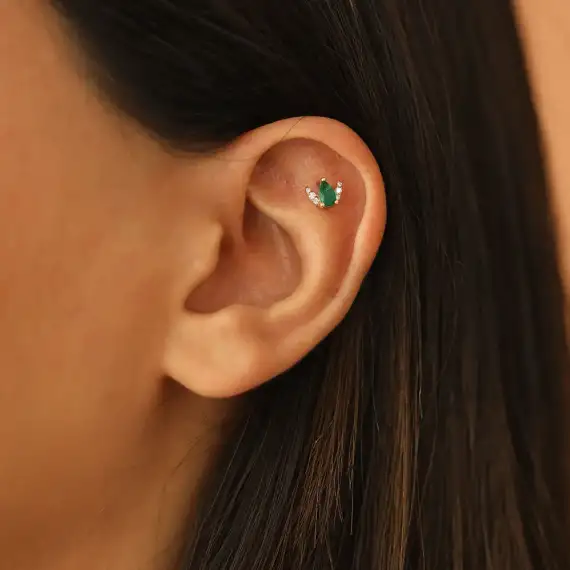 Lunar 0.25 CT Zümrüt ve Pırlanta Taşlı Rose Altın Piercing - 2