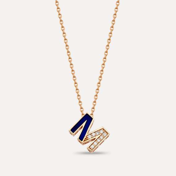 M Letter Diamond and Navy Blue Enamel Rose Gold Pendant - 1