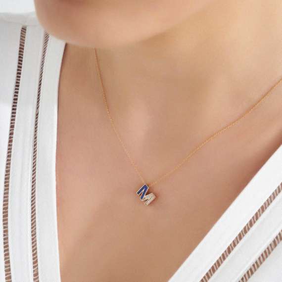 M Letter Diamond and Navy Blue Enamel Rose Gold Pendant - 3