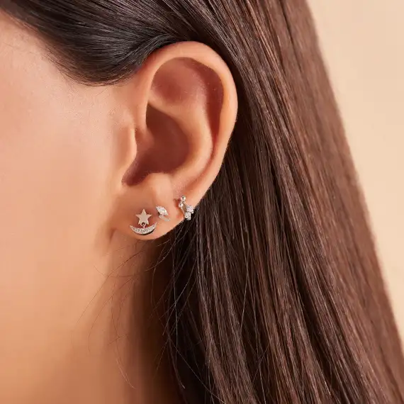 Mini Nota Princess Cut Diamond White Gold Single Earring - 2