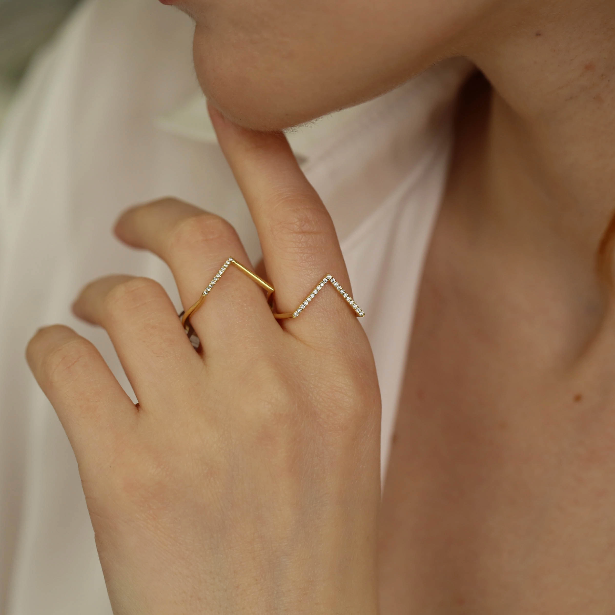 Minimal Diamond Yellow Gold Chevron Ring - 2