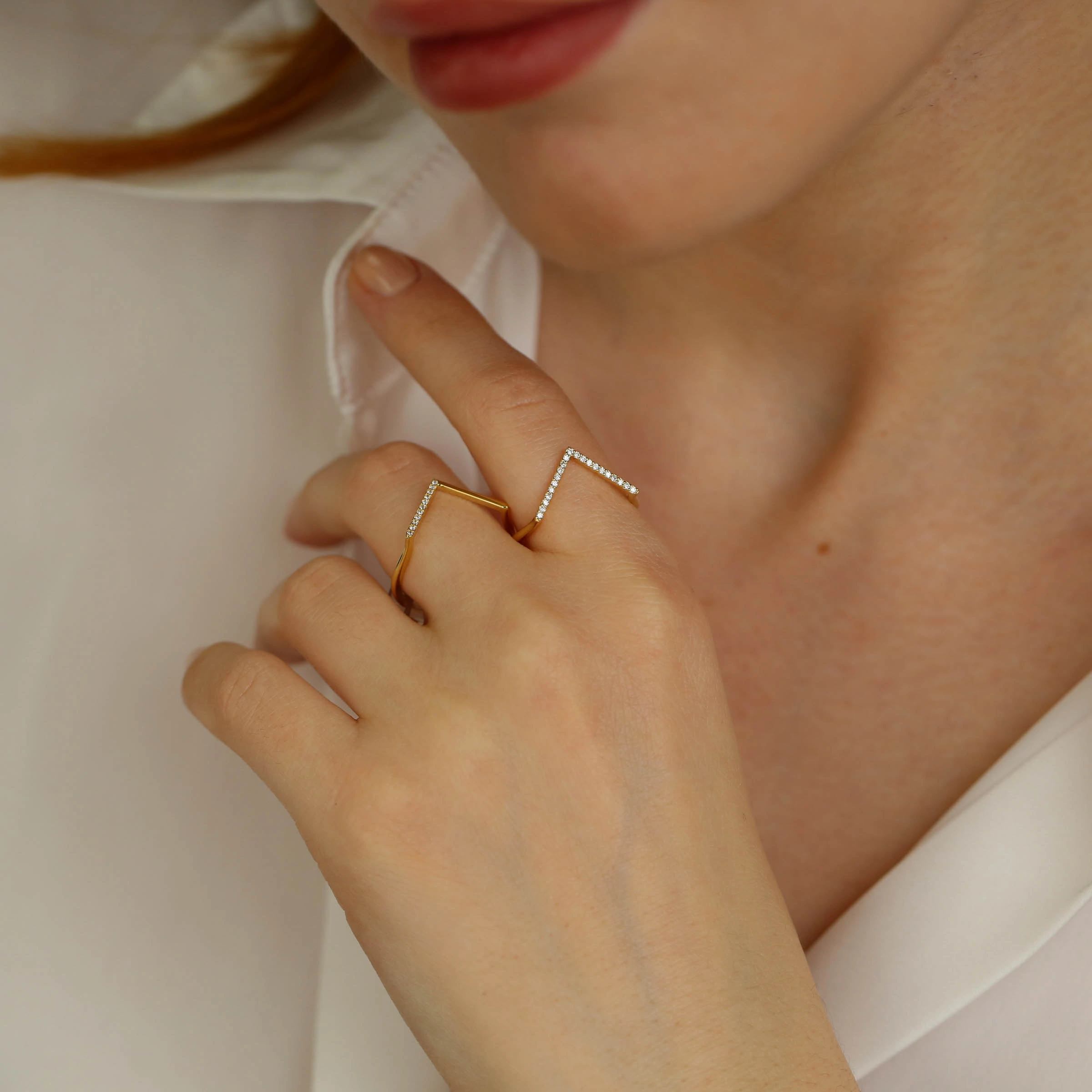 Minimal Diamond Yellow Gold Chevron Ring - 3