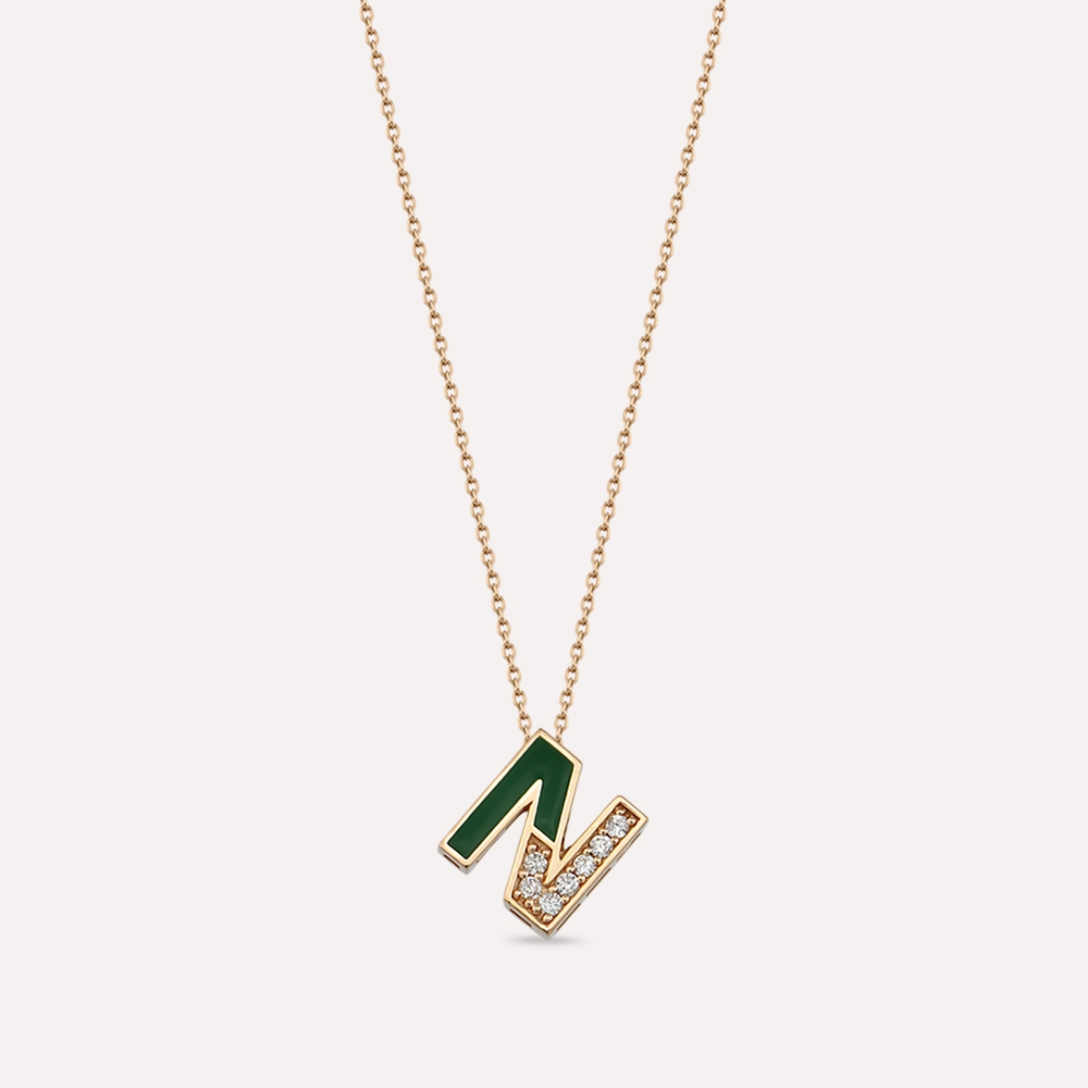 N Letter Diamond Green Enamel Rose Gold Pendant - 1